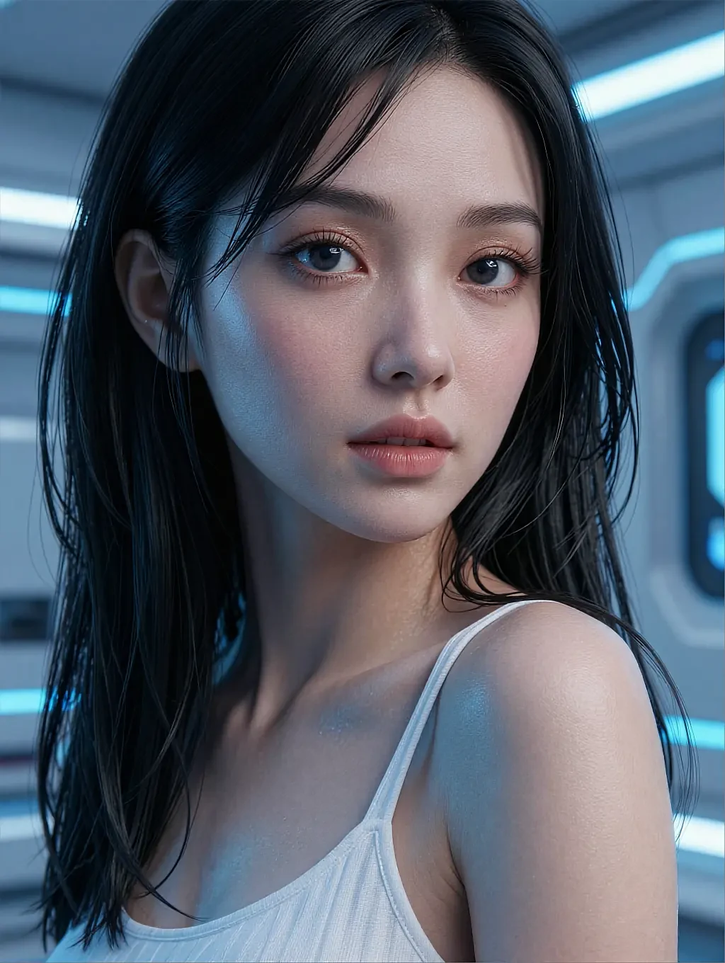 Fictional AI character photographed against a dark window at night